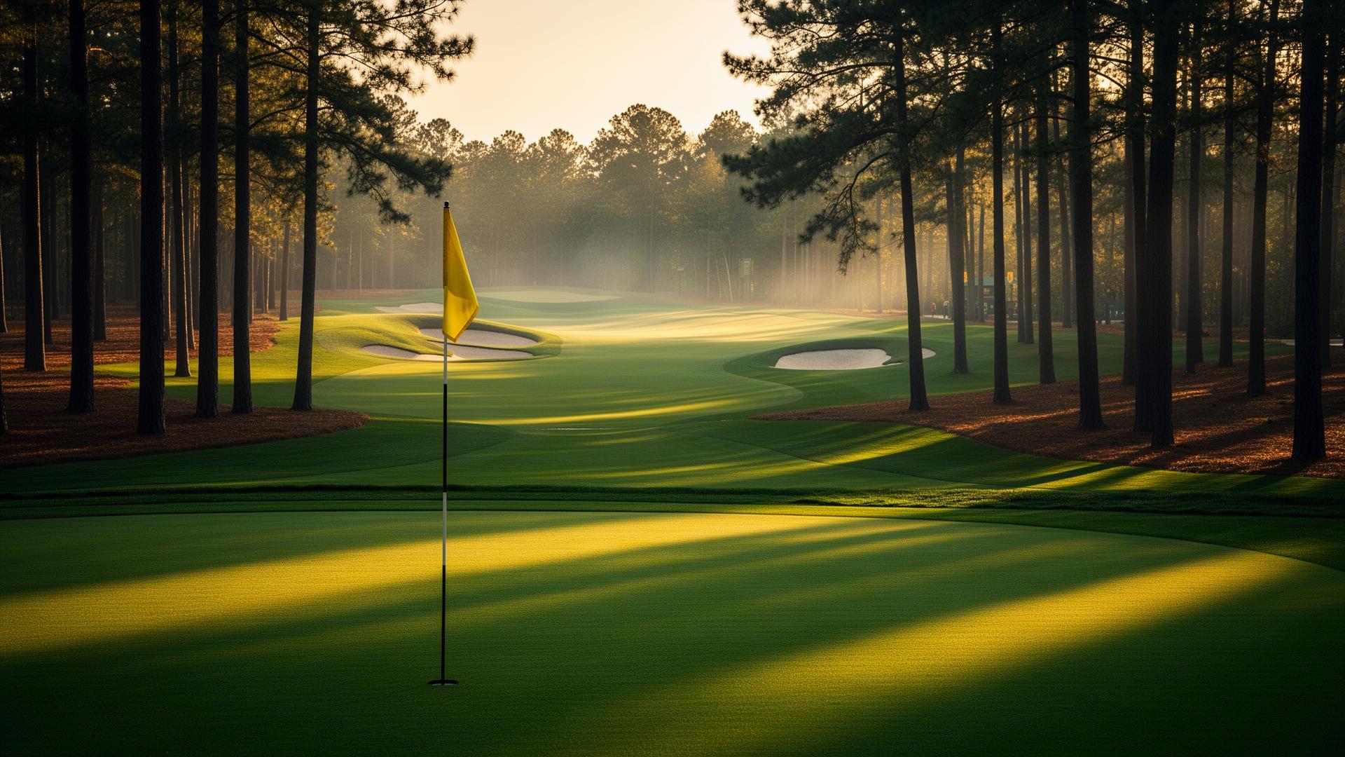 Sunrise over a pine-lined fairway with a yellow pin flag